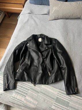 H&M Black Faux Leather Moto Jacket with Silver Hardware